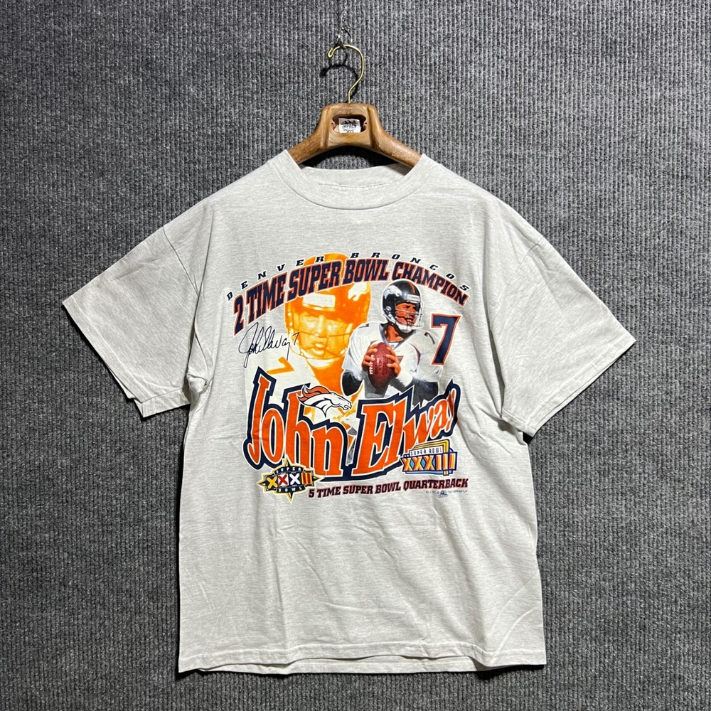 Vintage John Elway Denver Broncos Logo 7 T Shirt Mens Large Grey Super Bowl 98